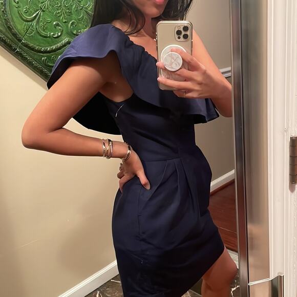 Rebecca Taylor Womens One-Shoulder Ruffle Sheath Dress NWOT Navy Blue Size 6 - Picture 8 of 8